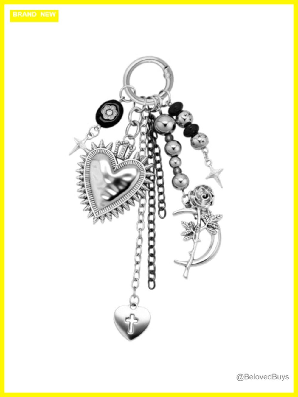 Gothic Spiked Heart Keychain Rose Cross Moon Star Beads Tassel Bag Charm